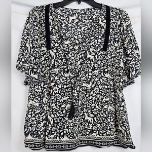 Old Navy Black Ivory Woodland Deer Floral Relaxed Peasant Blouse Tunic Top